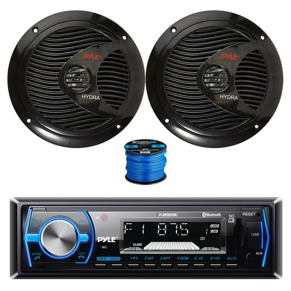 Pyle PLMRB29B Single DIN Bluetooth MP3 In-Dash Stereo Receiver, 2x 6.5" 150 Watt 2-Way Dual Cone Full Range Audio Speakers (Black) w/ Wire