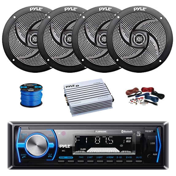 Pyle PLMRB29B Single DIN Bluetooth MP3 In-Dash Stereo Receiver, 4-Channel Amplifier w/Install Kit, 4X 5.25" 180 Watt 2-Way Slim Low Profile Audio Speakers (Black) w/ Wire