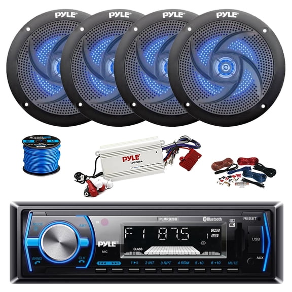 Pyle PLMRB29B Single DIN Bluetooth MP3 In-Dash Stereo Receiver, 4-Channel Bluetooth Amplifier w/Install Kit, 4X 5.25" 180 Watt 2-Way Slim Low Profile Blue Flashing LED Audio Speakers (Black) w/ Wire