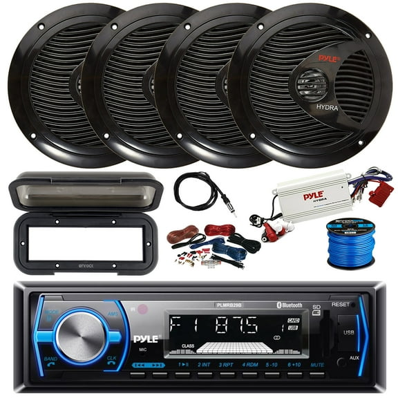 Pyle PLMRB29B Single DIN Bluetooth MP3 In-Dash Stereo Receiver, 4-Channel Bluetooth Amplifier w/Install Kit, 4X 6.5" 150 Watt 2-Way Dual Cone Full Range Speakers (Black) w/ Wire, Radio Cover, Antenna