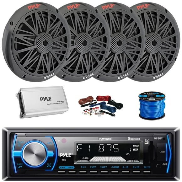 Pyle PLMRB29B Single DIN Bluetooth MP3 In-Dash Stereo Receiver, 4x 6.5'' 200 Watt Dual 2-Way Full Range Stereo Sound Water Resistant Marine Black Speakers, 4-Channel Amplifier W/Kit, Speaker Wire