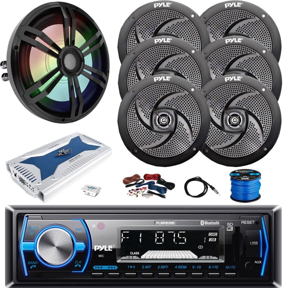 Pyle PLMRB29B Single DIN Bluetooth MP3 Stereo Black Receiver, 6x 6'' 240W Power Low Profile Boat Black Speakers, 12" 500W RGB LED Subwoofer, 8 Channel Amplifier W/Kit, Radio Antenna, Speaker Wire