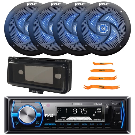 Pyle PLMRB29B Single DIN Bluetooth USB/AUX MP3 Player AM/FM Radio In-Dash Stereo Black Receiver W/Black Cover, 4x 5.25" 180W Max 2-Way Low Profile Slim Style Blue Flashing LED Speakers, Pry Tool Set