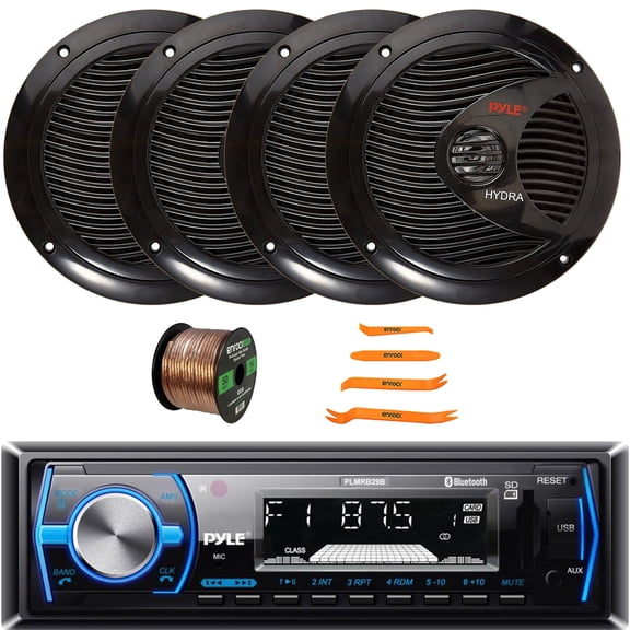 Pyle PLMRB29B Single DIN Bluetooth USB/AUX MP3 Player AM/FM Radio In-Dash Stereo Receiver w/ Remote Control, 4x 6.5" 150W Max Full Range Dual Cone Waterproof Speakers, Speaker Wire, Pry Tool Set