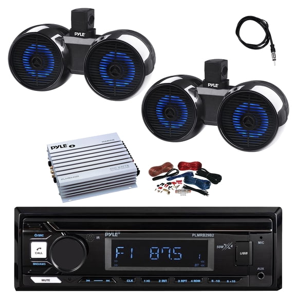 Pyle PLMRB29B2 Single DIN Marine Bluetooth MP3 Player Stereo Receiver, 2x 8" 300 Watt 2-Way Bluetooth Built in LED Off-Road Dual Tower Speakers, Amplifier w/Kit, Radio Antenna