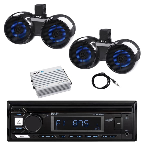 Pyle PLMRB29B2 Single DIN Marine Bluetooth MP3 Player Stereo Receiver, 2x 8" 300 Watt 2-Way Bluetooth Built in LED Off-Road Dual Tower Speakers, Bluetooth Amplifier, Antenna