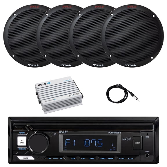 Pyle PLMRB29B2 Single DIN Marine Bluetooth MP3 Player Stereo Receiver, 4x 3.5'' 200 Watt Max Power 3-Way Indoor/Outdoor Audio Speakers, Bluetooth Amplifier, Antenna