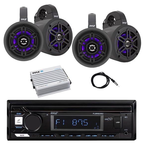 Pyle PLMRB29B2 Single DIN Marine Bluetooth MP3 Player Stereo Receiver, 4x 4" 300W Bluetooth Waterproof Marine Wakeboard LED Tower Speakers, Bluetooth Amplifier, Antenna