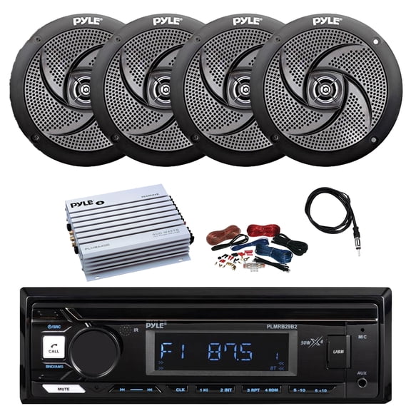 Pyle PLMRB29B2 Single DIN Marine Bluetooth MP3 Player Stereo Receiver, 4x 5.25" 180 Watt Max Power 2-Way Waterproof Low Profile Slim Style Audio Speakers, Amplifier w/Kit, Radio Antenna
