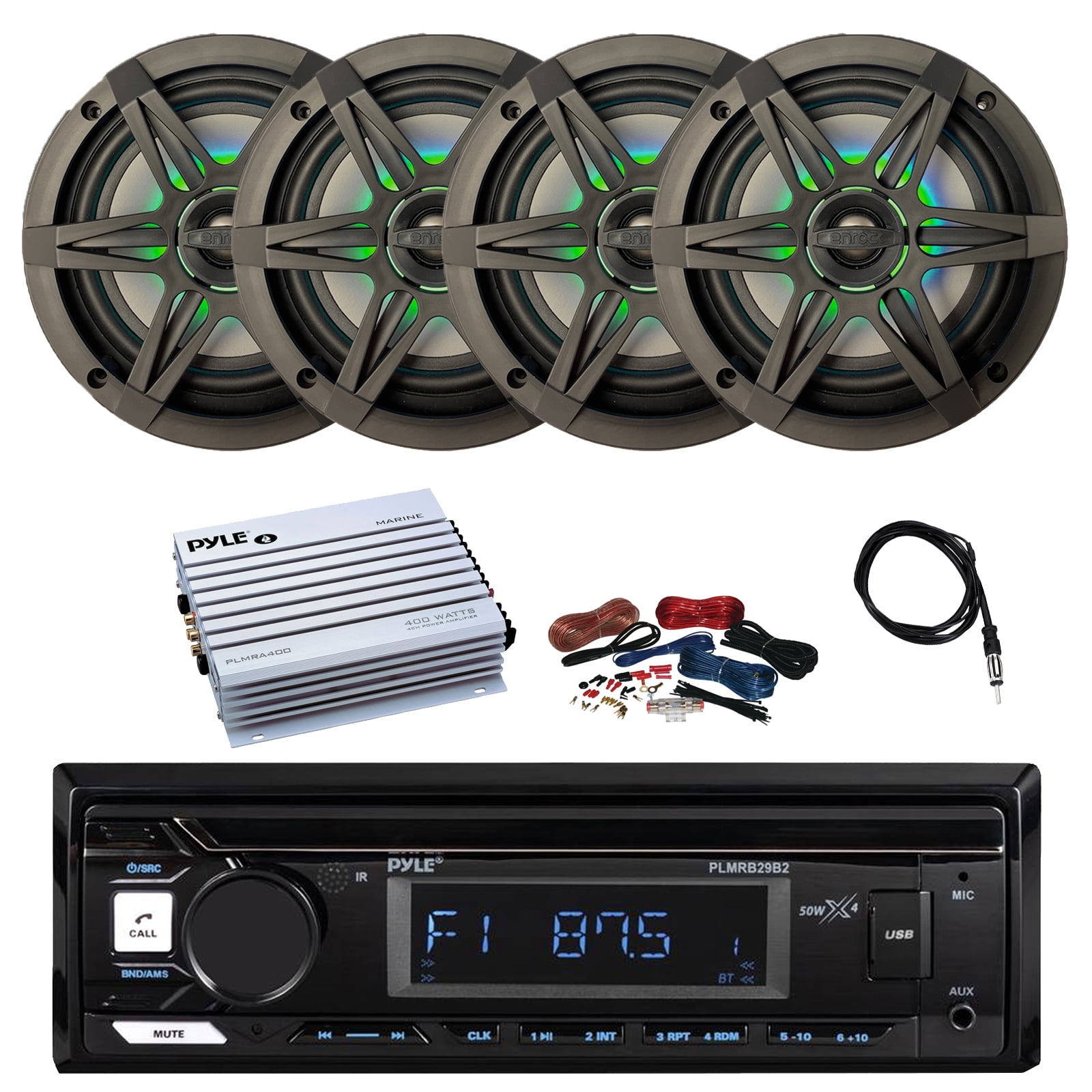 Pyle PLMRB29B2 Single DIN Marine Bluetooth MP3 Player Stereo Receiver, 4x 6.5" 120 Watt Peak 4-Ohm Marine Multicolor LED Coaxial Speakers with Charcoal Grilles, Amplifier w/Kit, Radio Antenna