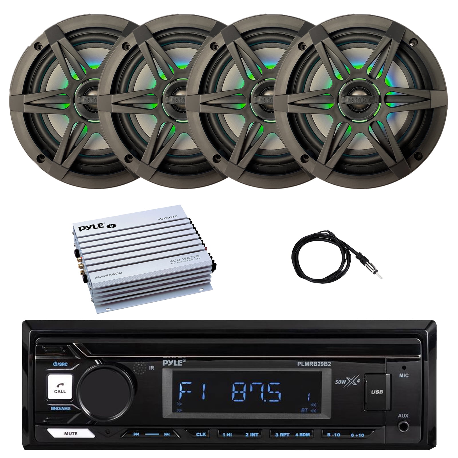Pyle PLMRB29B2 Single DIN Marine Bluetooth MP3 Player Stereo Receiver, 4x 6.5" 120 Watt Peak 4-Ohm Marine Multicolor LED Coaxial Speakers with Charcoal Grilles, 4-Channel Amplifier, Radio Antenna
