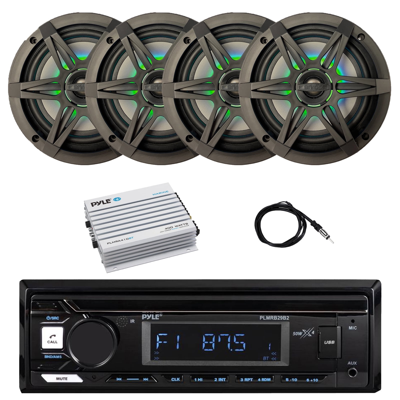 Pyle PLMRB29B2 Single DIN Marine Bluetooth MP3 Player Stereo Receiver, 4x 6.5" 120 Watt Peak 4-Ohm Marine Multicolor LED Coaxial Speakers with Charcoal Grilles, Bluetooth Amplifier, Antenna