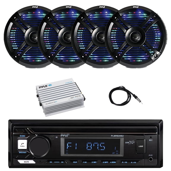 Pyle PLMRB29B2 Single DIN Marine Bluetooth MP3 Player Stereo Receiver, 4x 6.5" 250 Watt Max Multi-Color LED Waterproof Speakers, Bluetooth Amplifier, Antenna