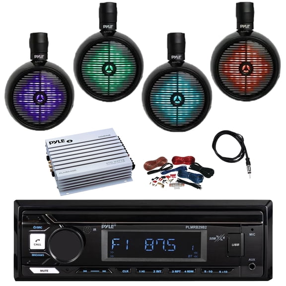 Pyle PLMRB29B2 Single DIN Marine Bluetooth MP3 Player Stereo Receiver, 4x 8" 480 Watt Full Range MultiColor LED Wakeboard Tower Speakers, Amplifier w/Kit, Radio Antenna