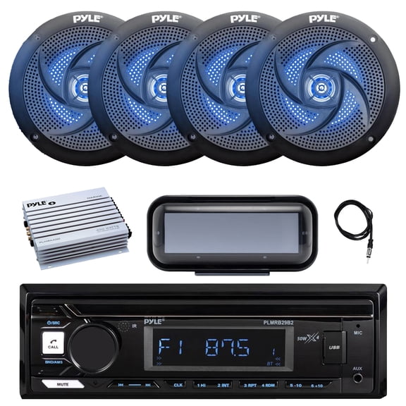 Pyle PLMRB29B2 Single DIN Marine Bluetooth MP3 Player Stereo Receiver, Cover, 4x 4" 100 Watt Max 2-Way Low Profile Blue Flashing LED Boat Audio Speakers, Amplifier, Radio Antenna
