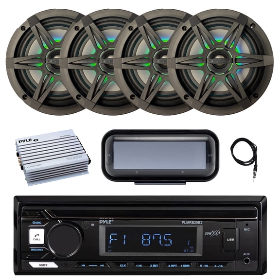Pyle PLMRB29B2 Single DIN Marine Bluetooth MP3 Player Stereo Receiver, Cover, 4x 6.5" 120 Watt Peak 4-Ohm Marine Multicolor LED Coaxial Speakers with Charcoal Grilles, Amplifier, Radio Antenna