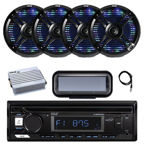 Pyle PLMRB29B2 Single DIN Marine Bluetooth MP3 Player Stereo Receiver, Cover, 4x 6.5" 250 Watt Max Multi-Color LED Waterproof Speakers, Amplifier, Radio Antenna