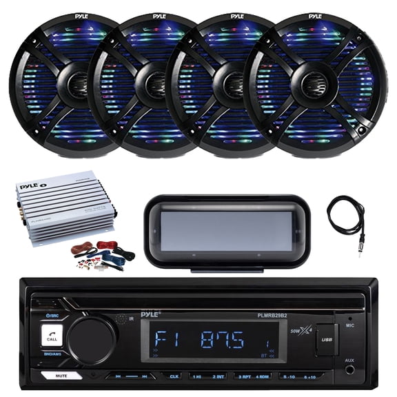 Pyle PLMRB29B2 Single DIN Marine Bluetooth MP3 Player Stereo Receiver, Cover, 4x 6.5" 250 Watt Max Multi-Color LED Waterproof Speakers, Amplifier w/Kit, Radio Antenna