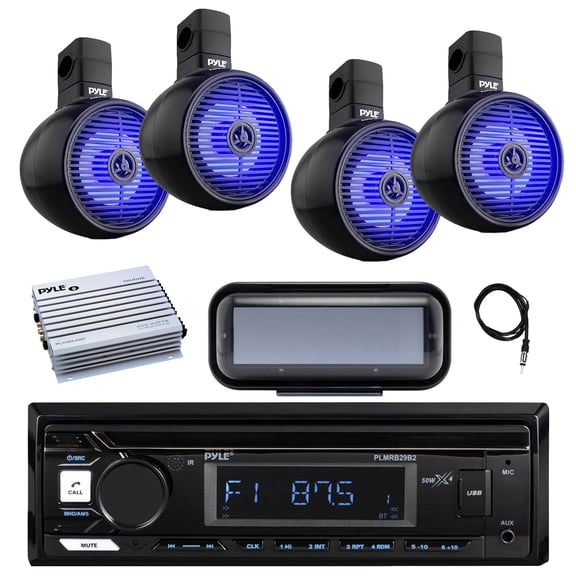 Pyle PLMRB29B2 Single DIN Marine Bluetooth MP3 Player Stereo Receiver, Cover, 4x 8" 300 Watt 2-Way Bluetooth Built in LED Off-Road Tower Speakers, Amplifier, Radio Antenna