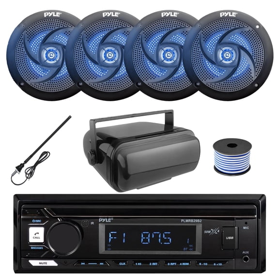 Pyle PLMRB29B2 Single DIN Marine USB Bluetooth AM/FM MP3 Stereo Receiver w/Cover, 4x 4" 100W Max Low Profile 2-Way Blue LED Speakers, Radio Antenna, Speaker Wire