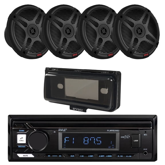 Pyle PLMRB29B2 Single DIN Marine USB Bluetooth AM/FM MP3 Stereo Receiver w/Cover, 4x 6.5" 600W Max 2-Way Waterproof Wireless RF Streaming Boat Component Speakers