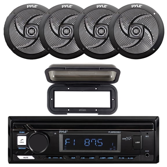 Pyle PLMRB29B2 Single DIN Marine USB Bluetooth AM/FM MP3 Stereo Receiver w/Radio Shield Cover, 4x 4" 100 Watt Max Low Profile 2-Way Waterproof Black Boat Speakers
