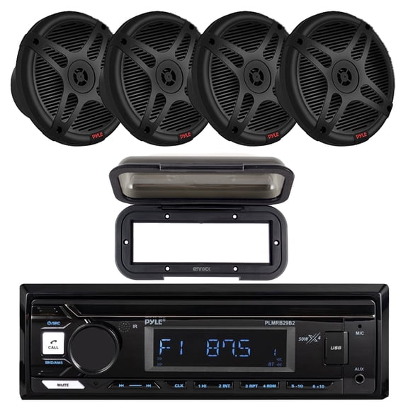 Pyle PLMRB29B2 Single DIN Marine USB Bluetooth AM/FM MP3 Stereo Receiver w/Radio Shield Cover, 4x 6.5" 600W Max 2-Way Wireless RF Streaming Boat Component Speakers