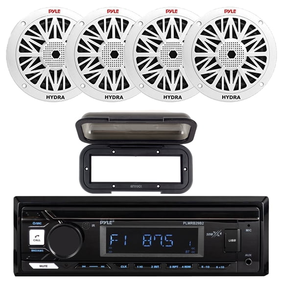 Pyle PLMRB29B2 Single DIN Marine USB Bluetooth AM/FM MP3 Stereo Receiver w/Radio Shield Cover, 4x Dual 6.5'' 200W Max Water Resistant 2-Way Full Range Speakers
