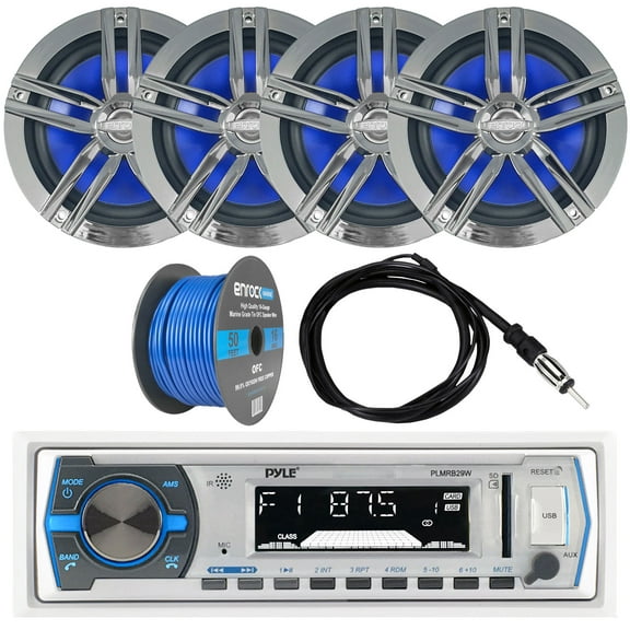 Pyle PLMRB29W Bluetooth Marine Receiver Stereo with Enrock EM265C Marine 2-Way 180W 6.5" Water-Resistant Loudspeaker(2-Pairs), Enrock EKMR2 Marine Antenna & Enrock Marine 50' 16G Speaker Wire