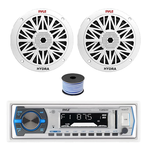 Pyle PLMRB29W Single DIN Bluetooth MP3 Stereo Receiver, 2x 8" 300 Watt Full Range Marine Speakers (White), Wire