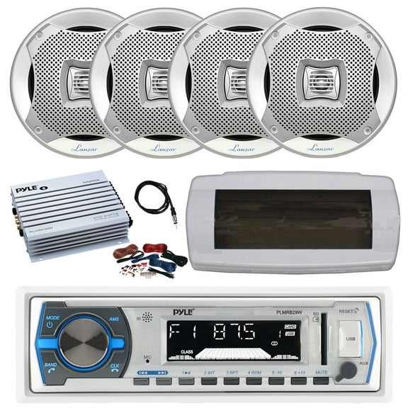 Pyle PLMRB29W Single DIN Bluetooth Marine MP3 AM/FM Stereo Receiver with White Cover, 22" Radio Antenna, Amplifier w/Kit, 4x 5.25" 400W Max 2-Way Water Resistant Audio Speakers (Silver)