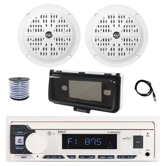 Pyle PLMRB29W2 Single DIN Marine Bluetooth MP3 Stereo Receiver, Cover, 22" Radio Antenna, Wire, 2x 4'' 100 Watt Peak Full Range Dual Cone Waterproof Stereo Speakers (White)