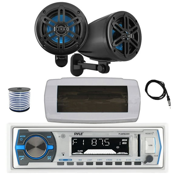Pyle PLMRB29W Single DIN Bluetooth Marine MP3 AM/FM Stereo Receiver with White Cover, 22" Radio Antenna, Wire, 2x 5.25" 180 Watt Max 2-Way Waterproof Off-Road Audio Speakers (Black)