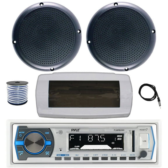 Pyle PLMRB29W Single DIN Bluetooth Marine MP3 AM/FM Stereo Receiver with White Cover, 22" Radio Antenna, Wire, 2x 5.25" 20 Watt Max Polycone Audio Speakers (Black, Bulk Packaging)