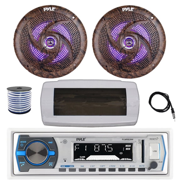 Pyle PLMRB29W Single DIN Bluetooth Marine MP3 AM/FM Stereo Receiver with White Cover, 22" Radio Antenna, Wire, 2x 6.5'' 240 Watt Peak Slim Waterproof Multicolor LED Stereo Speakers (Camo)