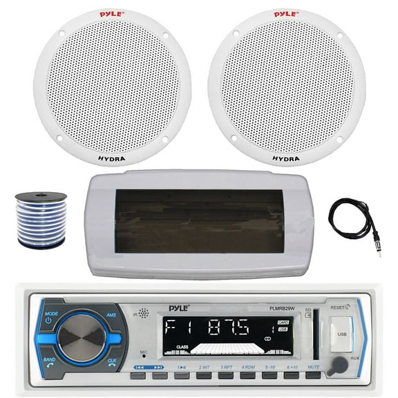 Pyle PLMRB29W Single DIN Bluetooth Marine MP3 AM/FM Stereo Receiver with White Cover, 22" Radio Antenna, Wire, 2x 6.5'' 400W Peak 2-Way Full Range Dual Cone Waterproof Stereo Speakers (White)