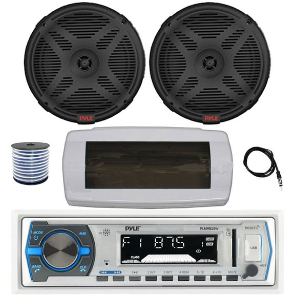 Pyle PLMRB29W Single DIN Bluetooth Marine MP3 AM/FM Stereo Receiver with White Cover, 22" Radio Antenna, Wire, 2x 6.5" 600 Watt Max 2-Way Full Range Dual Cone Waterproof Stereo Speakers (Black)
