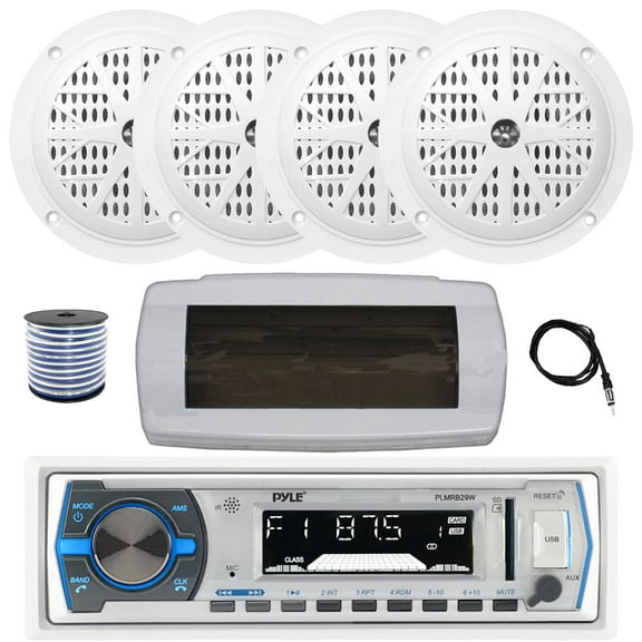 Pyle PLMRB29W Single DIN Bluetooth Marine MP3 AM/FM Stereo Receiver with White Cover, 22" Radio Antenna, Wire, 4x 4'' 100 Watt Peak Full Range Dual Cone Waterproof Stereo Speakers (White)
