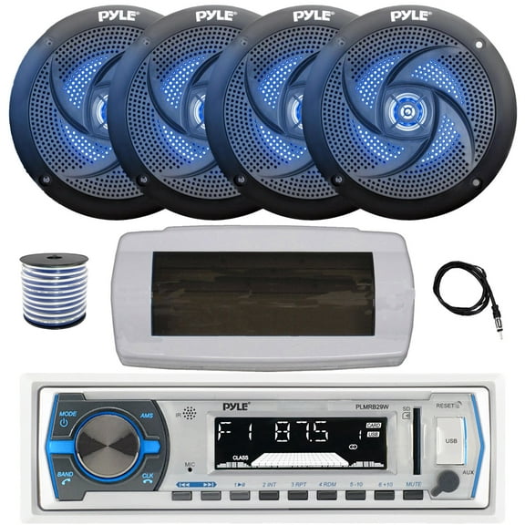 Pyle PLMRB29W Single DIN Bluetooth Marine MP3 AM/FM Stereo Receiver with White Cover, 22" Radio Antenna, Wire, 4x 5.25" 180 Watt Max 2-Way Blue Flashing LED Boat Audio Speakers (Black)