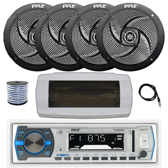 Pyle PLMRB29W Single DIN Bluetooth Marine MP3 AM/FM Stereo Receiver with White Cover, 22" Radio Antenna, Wire, 4x 5.25" 180 Watt Max 2-Way Waterproof Boat Audio Speakers (Black)