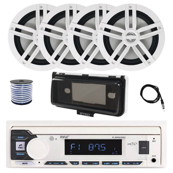 Pyle PLMRB29W2 Single DIN Marine Bluetooth MP3 Stereo Receiver, Cover, 22" Radio Antenna, Wire, 4x 6.5" 180 Watt Peak Power 2-Way Boat Audio Speakers (White)