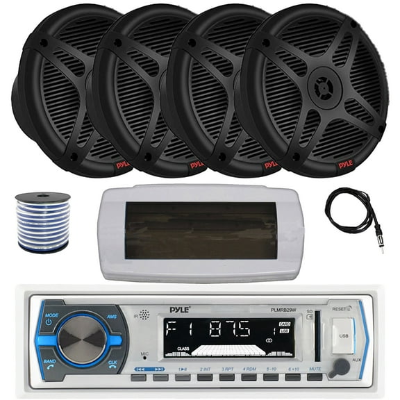 Pyle PLMRB29W Single DIN Bluetooth Marine MP3 AM/FM Stereo Receiver with White Cover, 22" Radio Antenna, Wire, 4x 6.5" 600 Watt Max 2-Way Full Range Waterproof Wireless RF Streaming Speakers (Black)