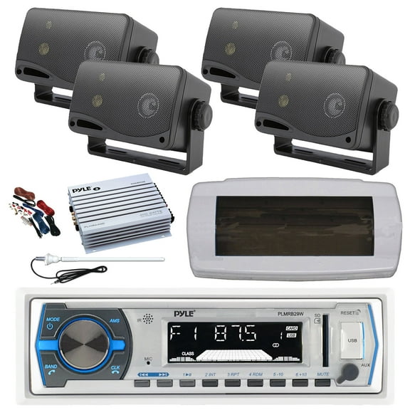Pyle PLMRB29W Single DIN Bluetooth Marine MP3 AM/FM Stereo Receiver with White Cover, Long Range Antenna, Amplifier w/Kit, 4x 3.5'' 200 Watt Max 3-Way Indoor/Outdoor Wall Mount Speaker (Black)