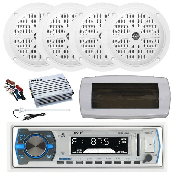 Pyle PLMRB29W Single DIN Bluetooth Marine MP3 AM/FM Stereo Receiver with White Cover, Long Range Antenna, Amplifier w/Kit, 4x 4'' 100 Watt Peak Full Range Dual Cone Waterproof Stereo Speakers (White)