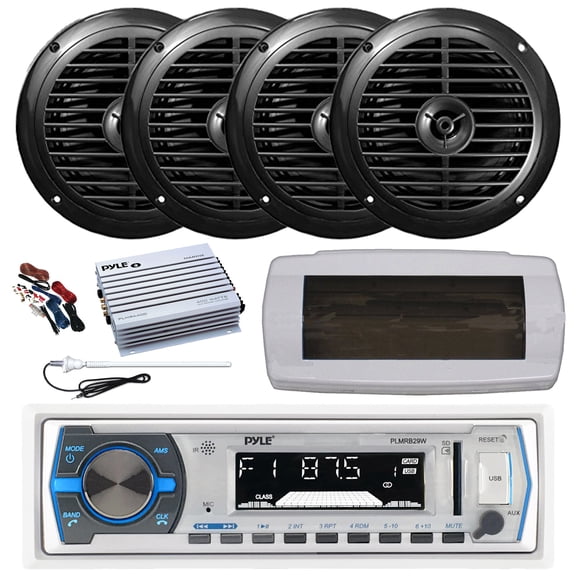 Pyle PLMRB29W Single DIN Bluetooth Marine MP3 AM/FM Stereo Receiver with White Cover, Long Range Antenna, Amplifier w/Kit, 4x 6.5" 120 Watt Peak Full Range Dual Cone Waterproof Stereo Speakers (Black)
