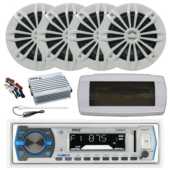 Pyle PLMRB29W Single DIN Bluetooth Marine MP3 AM/FM Stereo Receiver with White Cover, Long Range Antenna, Amplifier w/Kit, 4x 6.5" 180 Watt Max Power 2-Way Water Resistant Audio Speakers (White)