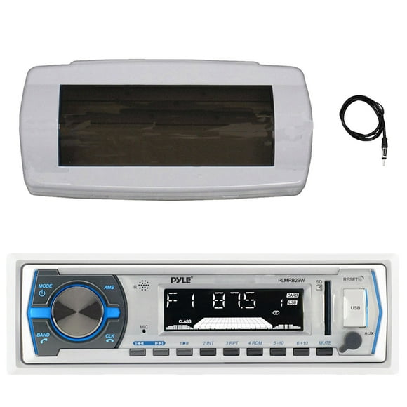 Pyle PLMRB29W Single DIN Bluetooth Marine MP3 AM/FM Stereo Receiver with White Splash Proof Radio Cover, 22" Antenna