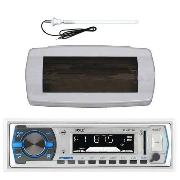 Pyle PLMRB29W Single DIN Bluetooth Marine MP3 AM/FM Stereo Receiver with White Splash Proof Radio Cover, White Long Range Antenna