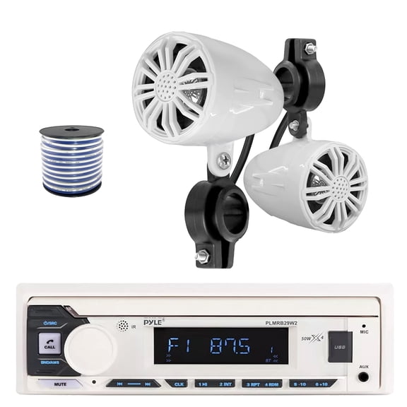 Pyle PLMRB29W2 Single DIN Marine Bluetooth MP3 Stereo Receiver, 2x 2.25 10W Waterproof Rated Off-Road White Speakers, Speaker Wire