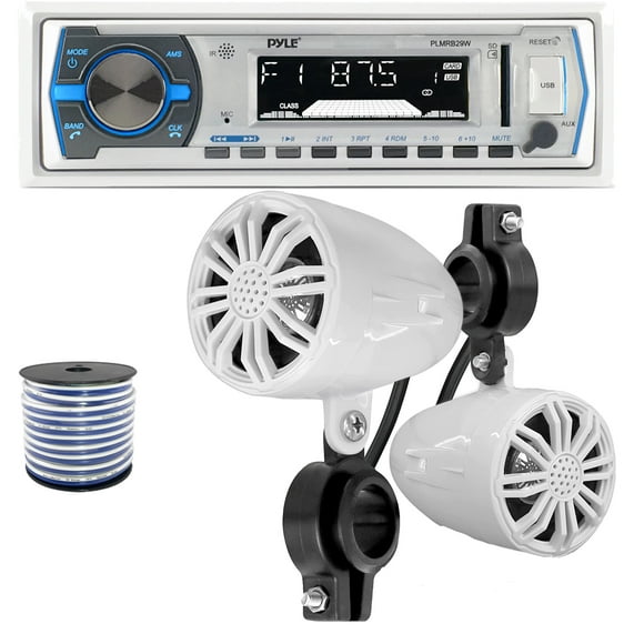 Pyle PLMRB29W Single DIN Bluetooth Marine MP3 In-Dash Stereo Receiver Bundle Combo One Pair (QTY 2) Of 2.25 20W Waterproof Rated Off-Road Speakers, 18 Gauge 50 Feet Speaker Wire